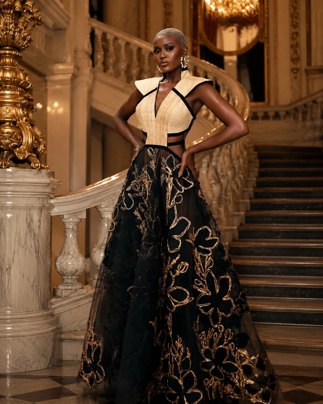 Modèle Maison 3 Points en robe noire brodée d’or dans un escalier monumental