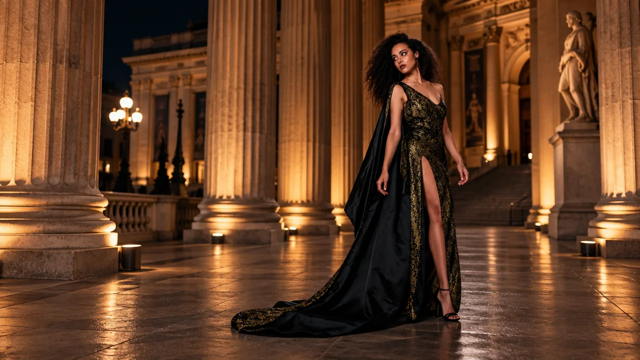 Architecture sous la colonnade d’un musée, la nuit