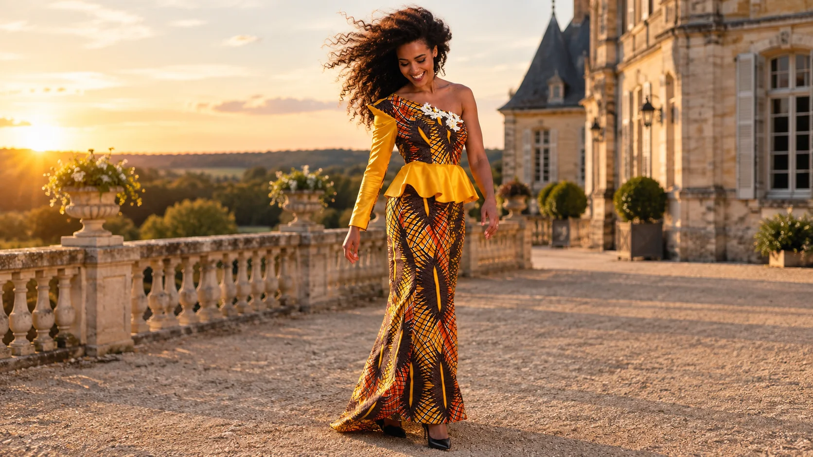 Cérémonie sur la terrasse d’un château au couchant
