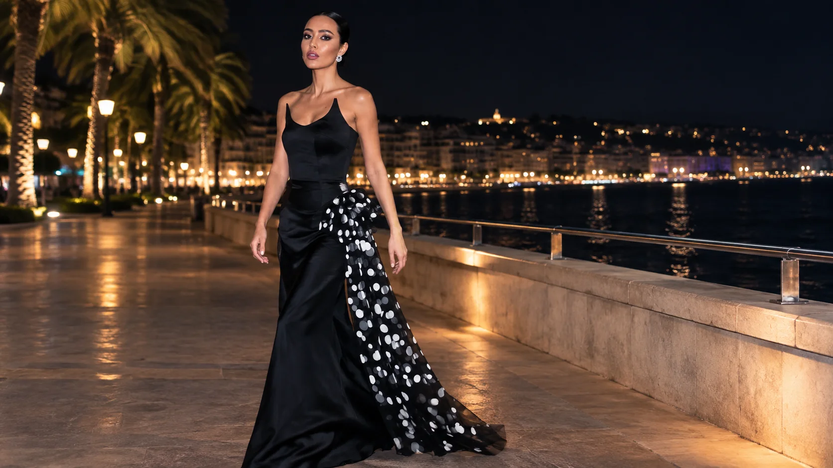 Noir absolu sur une promenade de bord de mer, la nuit