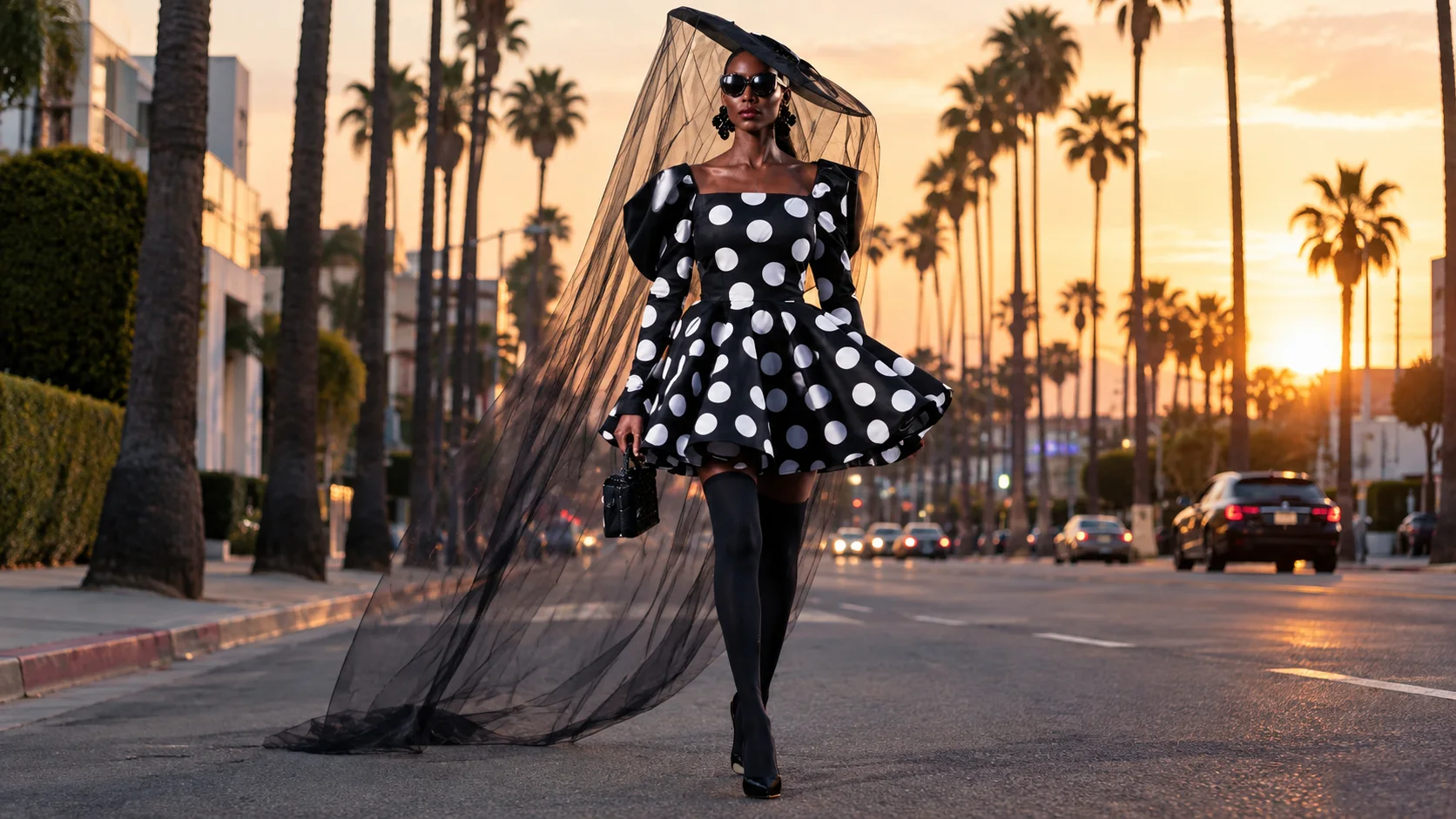 Voilette sur un boulevard bordé de palmiers à Los Angeles